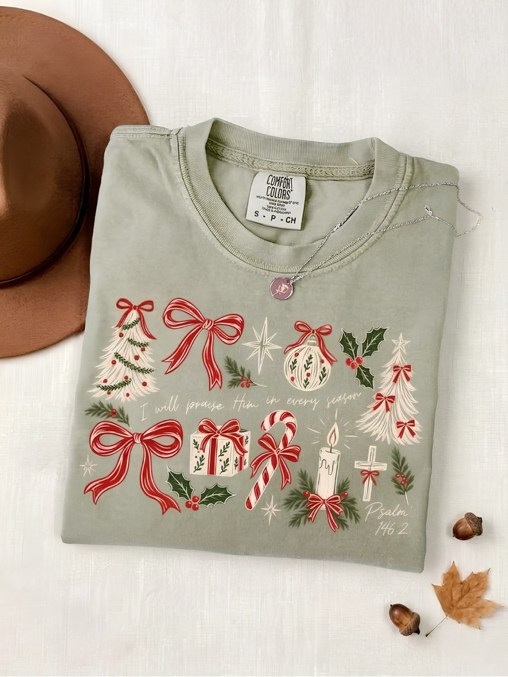Comfort Colors Bay Green Christmas Graphic Sweatshirt - Holiday Bows & Trees